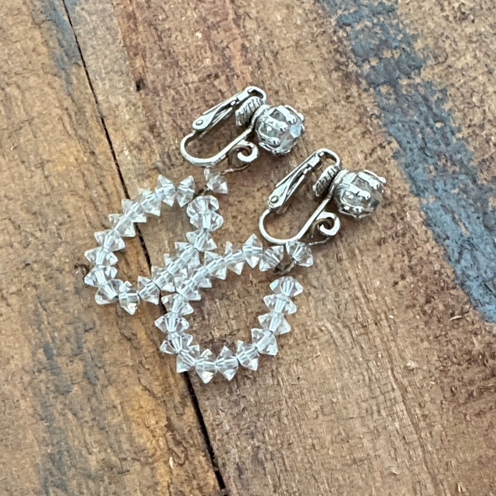 Elegant Silver Tone Clear Beaded Clip On Earrings